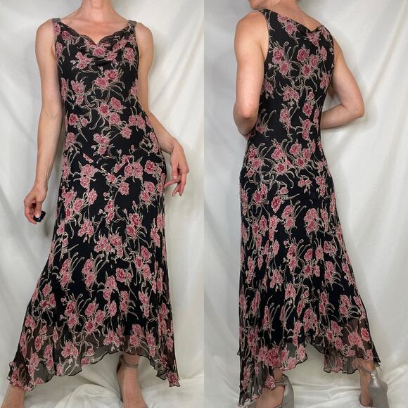 ICE silk beaded floral maxi dress long cowl neck vintage Y2K‎ pink black fairy M - Picture 14 of 17